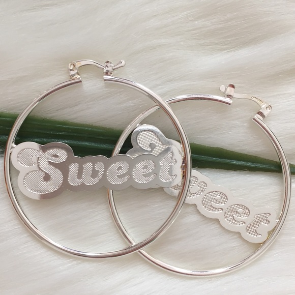 925 White Gold Filled SWEET Name Hoop Earrings - Picture 2 of 4